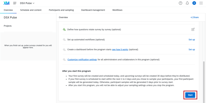 Start button bottom of overview page