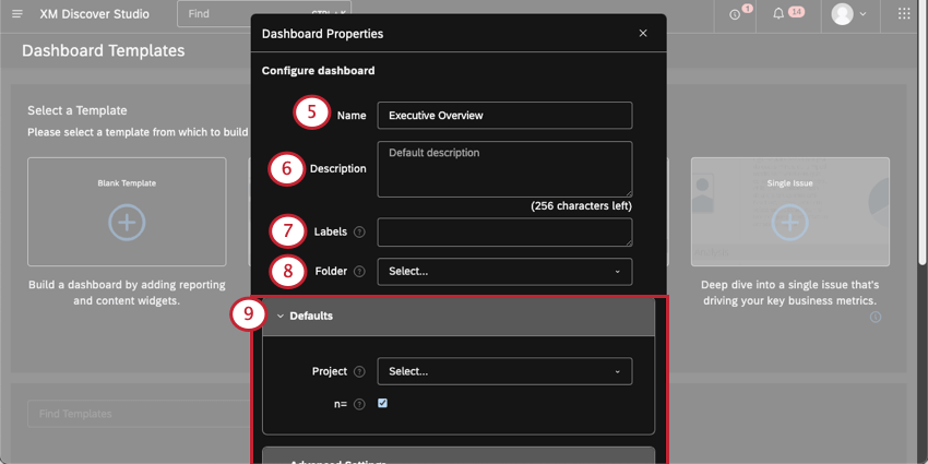 New window where you set dashboard properties