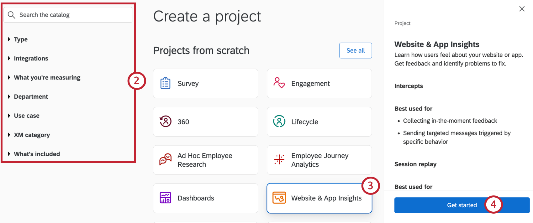 Filters and search bar along the top of the catalog, chosen project appears as a tile. Once the tile is clicked, a menu opens on the right with a description and a get started button