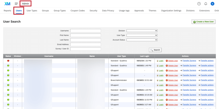 Admin topmost left selected, users second to the top left selected