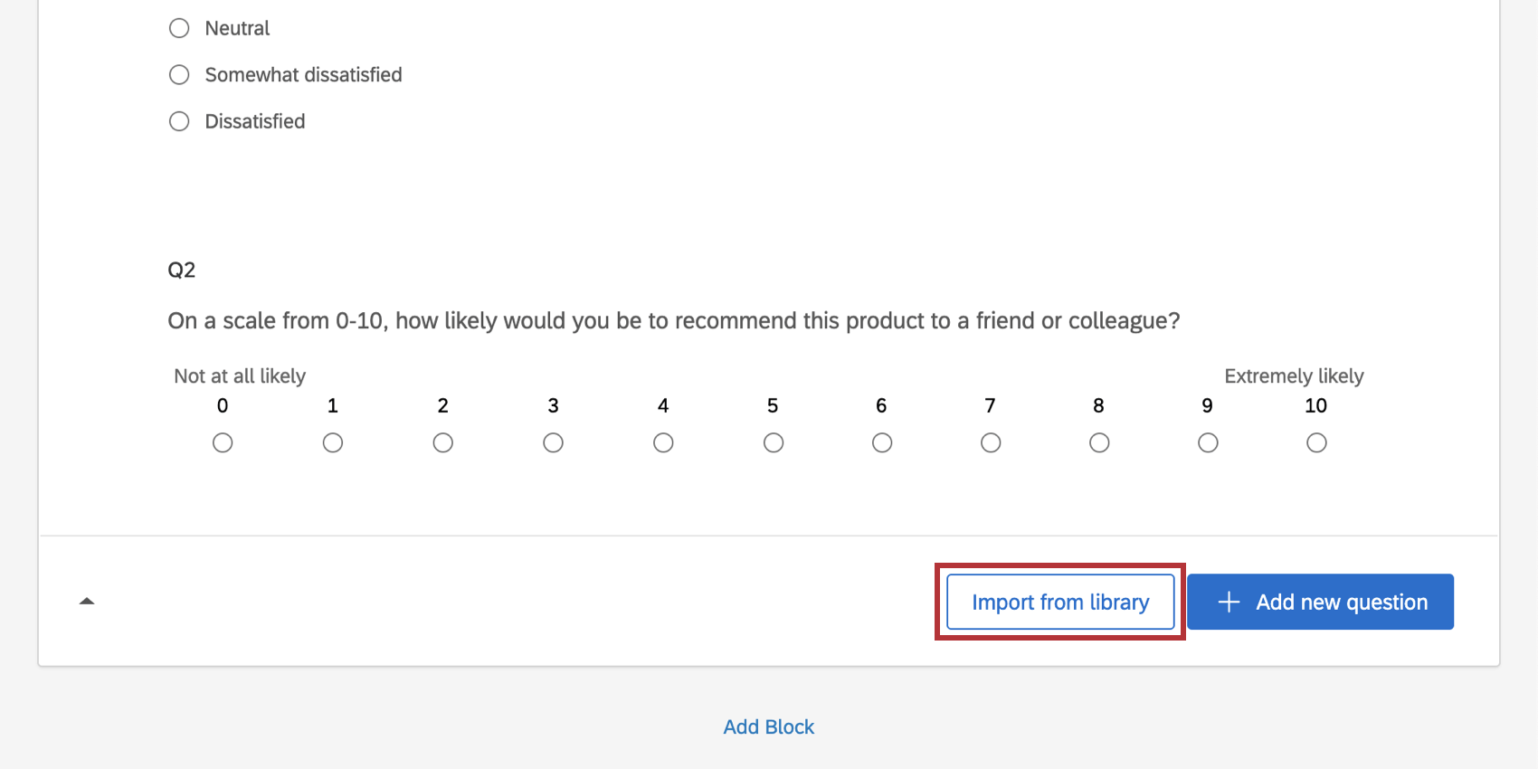 Import questions button, right next to create new question button at bottom of blocks in the builder