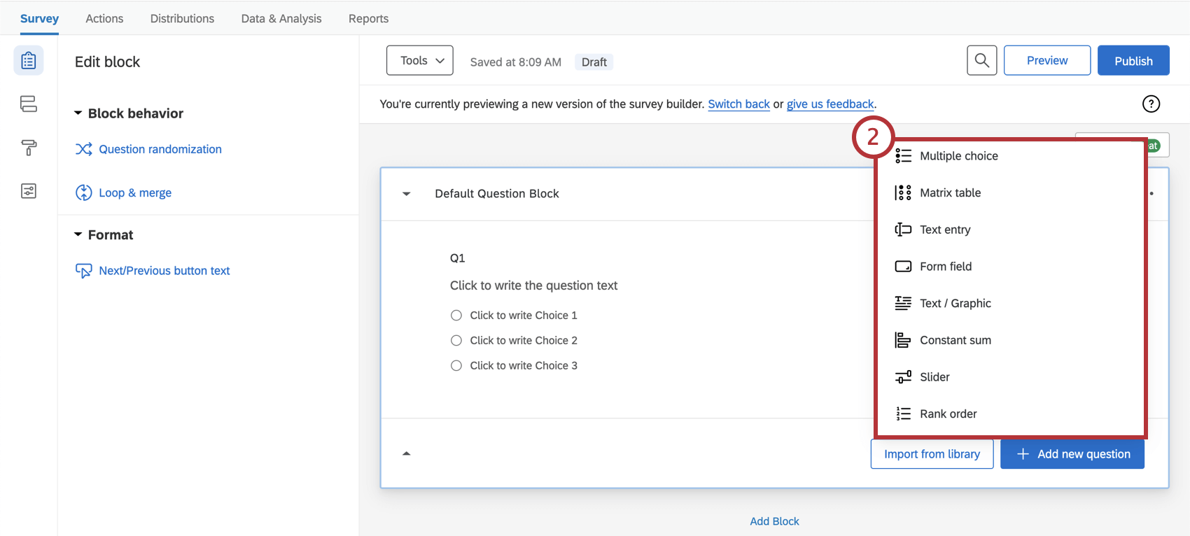 Menu expands from button showing a list of question types