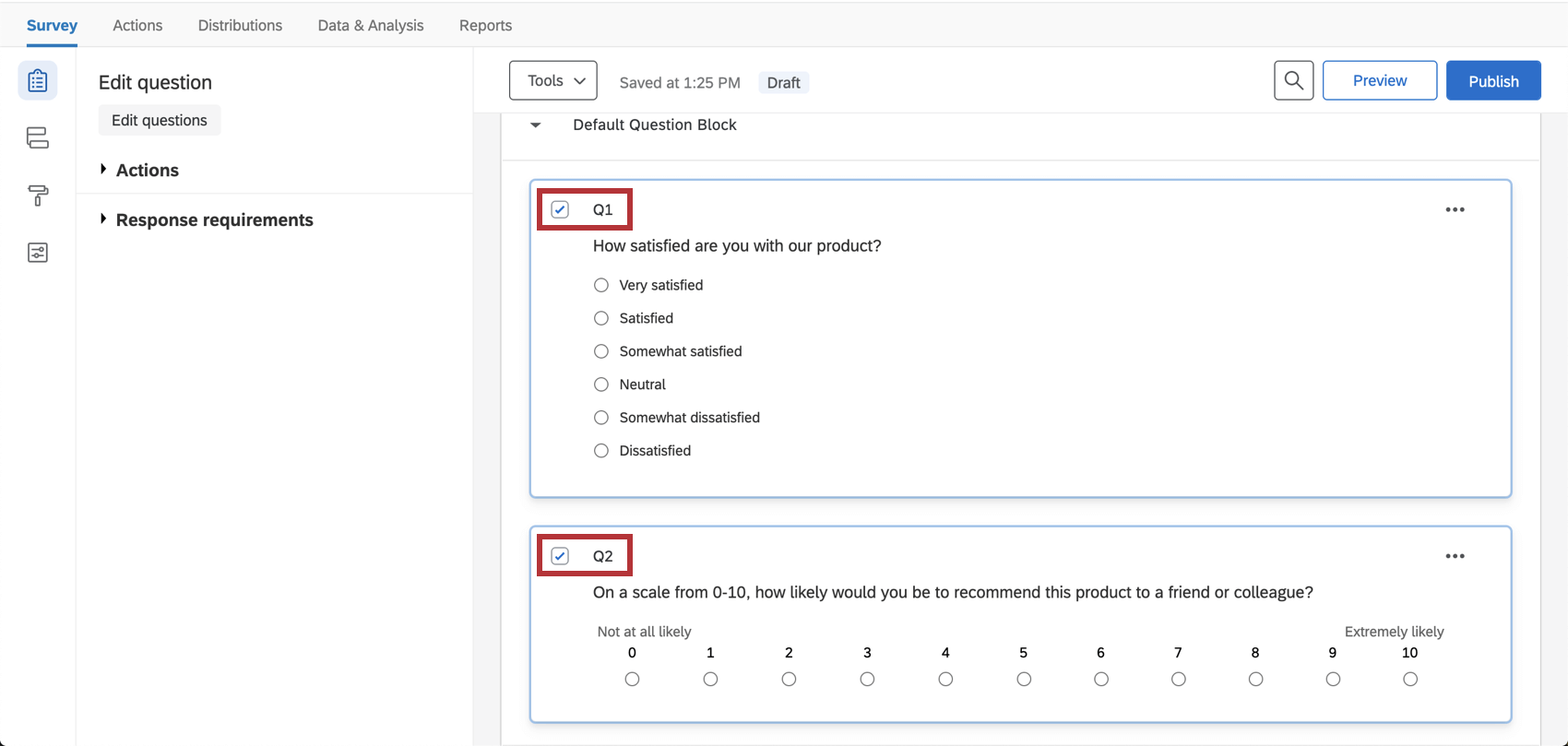 Checkboxes in upper-left of questions are selected