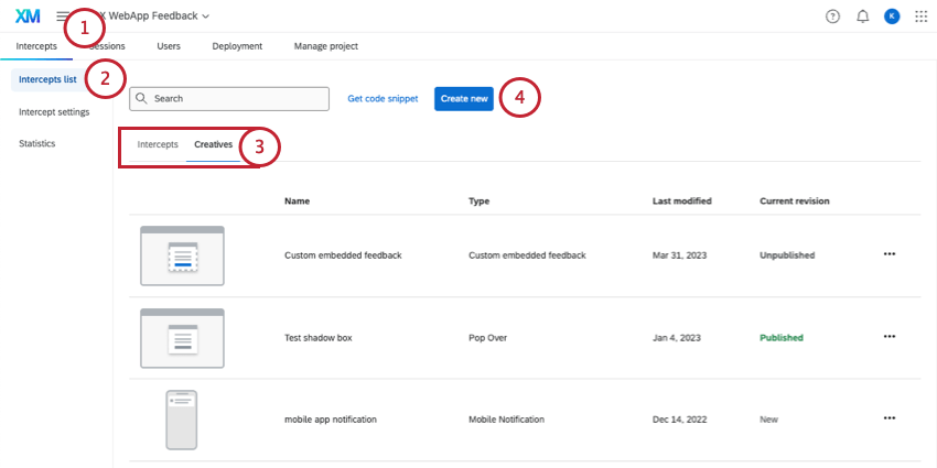 eine neue Schaltfläche in der Liste der Intercepts erstellen