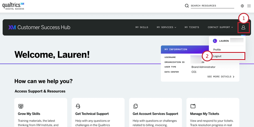 while logged into the hub, clicking the profile icon in the top right and selecting logout