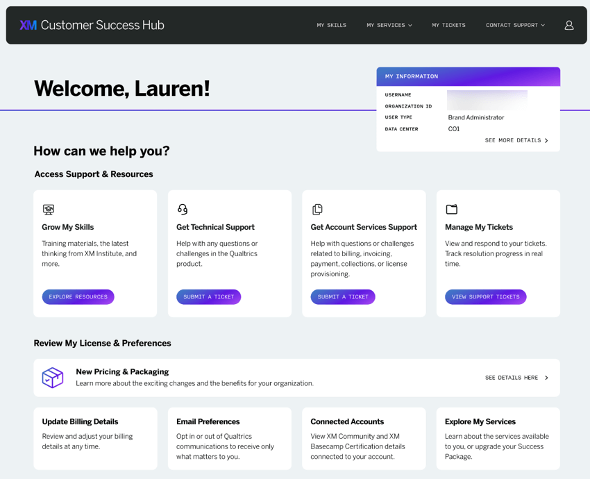 la page daccueil du Customer success hub après sêtre connecté en tant quadministrateur de lorganisation