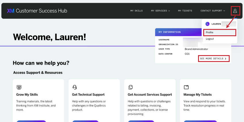 clicking the profile icon or "see more details" on the hub homepage