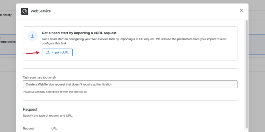 button that says get a head start by importing curl commands