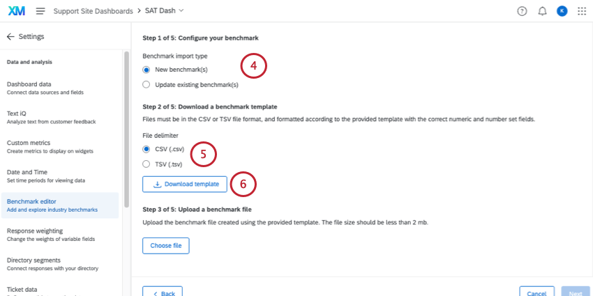 nouvelle page avec les options dimportation