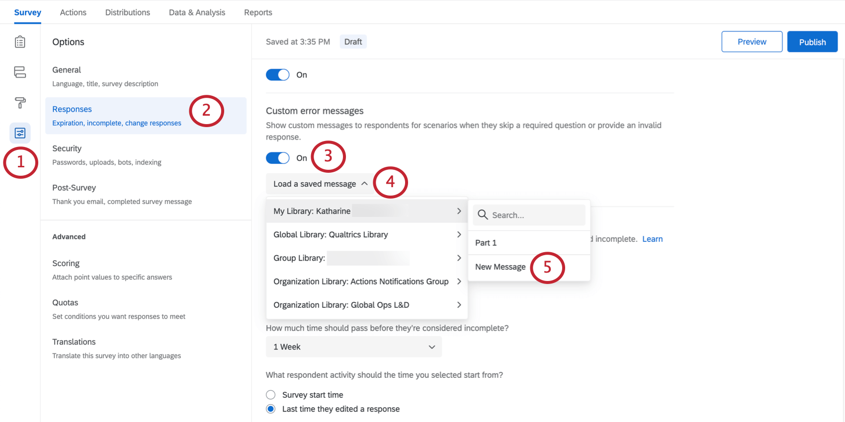 Selecting Use Custom error Message, the clicking the Load a Saved Message dropdown to Create a New Message