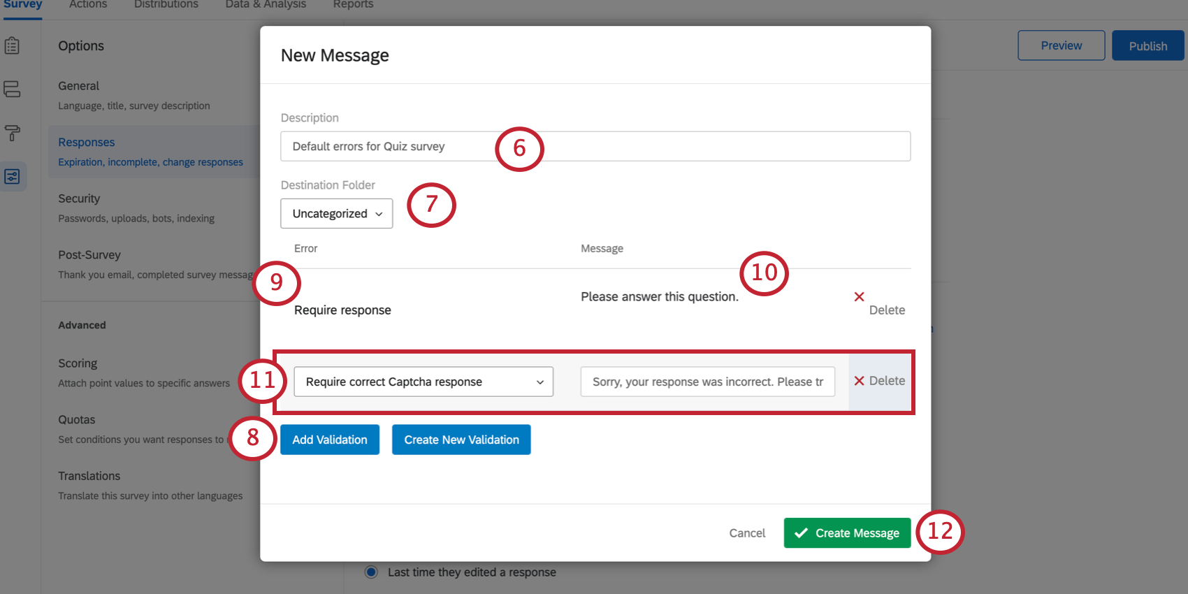 New Message window. Error field is set to Require Response. A default error for the Require Response and for the Captcha error