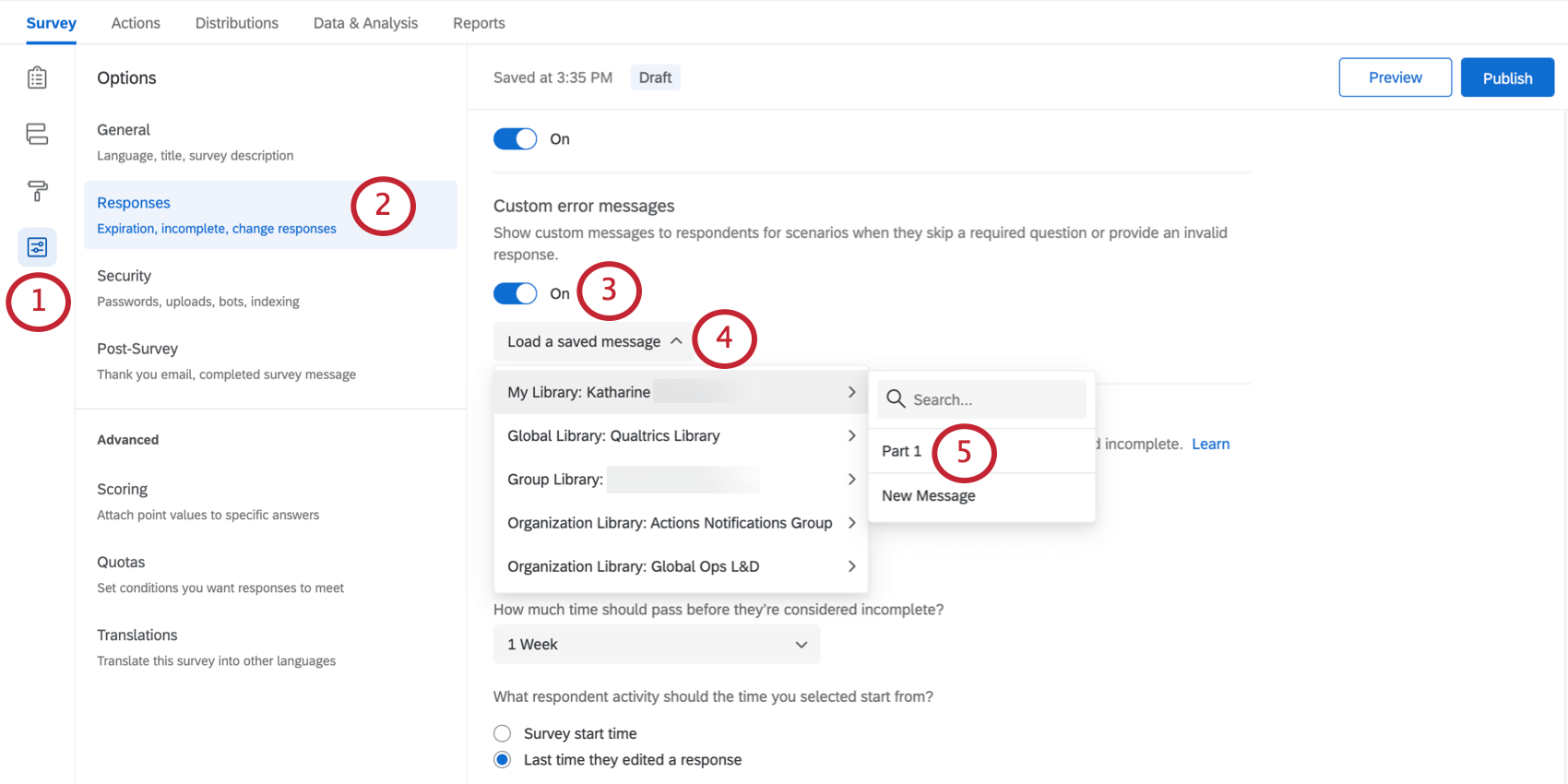 Selecting Use Custom error Message, then selecting a ready-made message from the dropdown