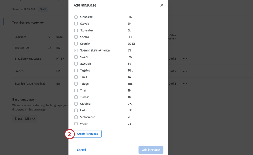 choosing create language from the language selection window