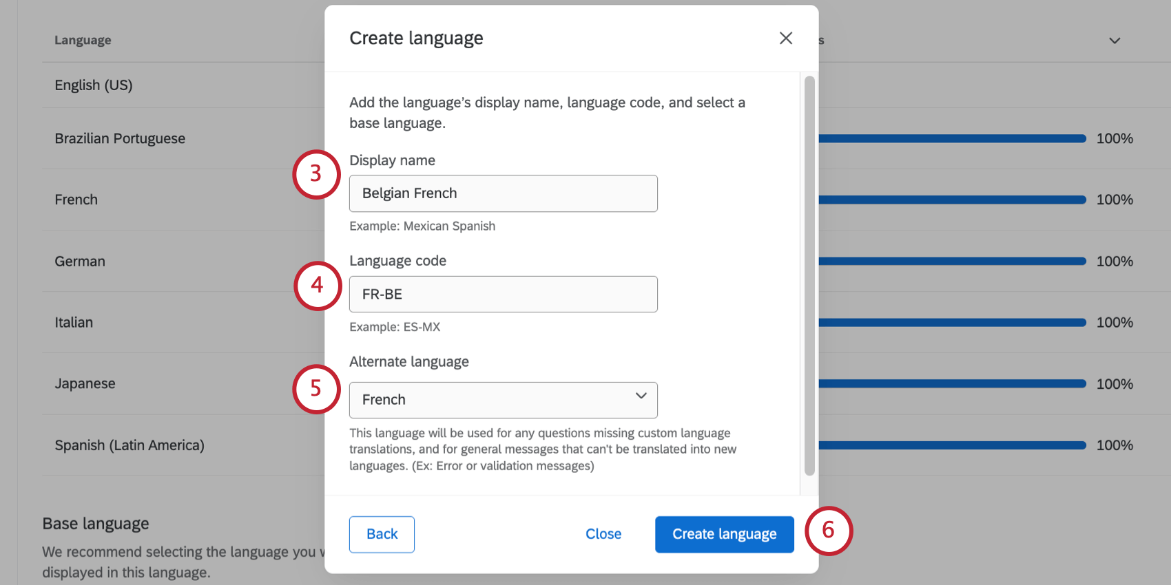 nouvelle fenêtre dans laquelle vous définissez votre langue personnalisée