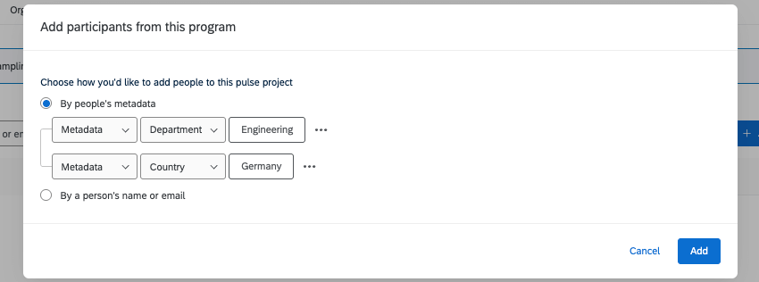 2 condiciones establecen que los metadatos para el departamento deben ser ingeniería y los metadatos para el país deben ser Alemania.
