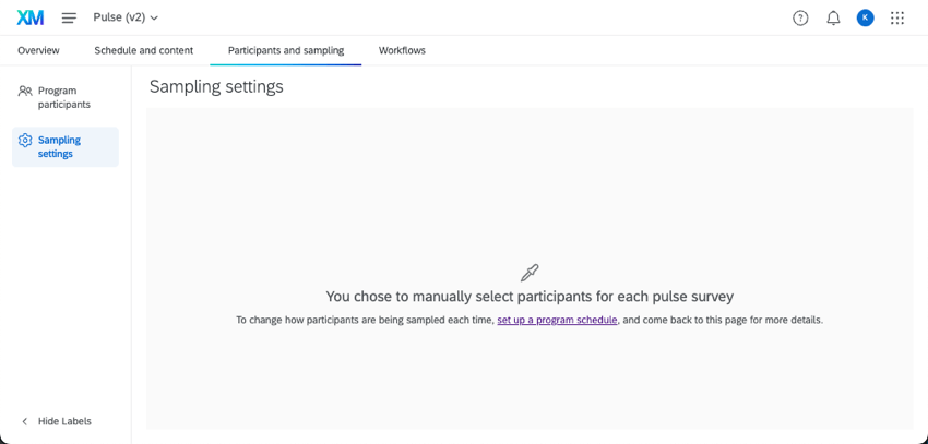 la page des paramètres déchantillonnage est vide, à lexception dun message indiquant que vous avez choisi de sélectionner manuellement les participants pour chaque enquête par sondage. il existe également un lien permettant de modifier ce choix