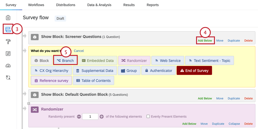 adding a branch in the survey flow below the screener block