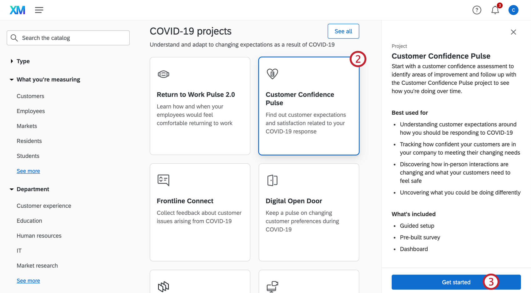 Imagen del catálogo, seleccionando el proyecto descrito, viéndose una barra lateral abierta a la derecha describiéndolo, finalizando con un botón para empezar a crearlo