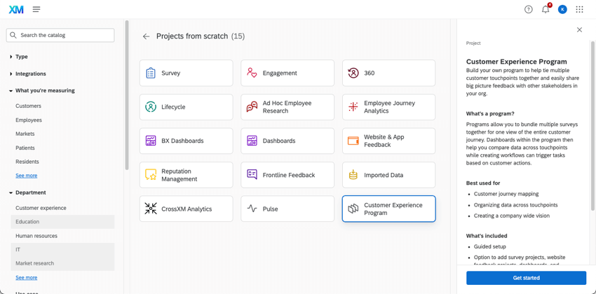 Catalog showing a customer experience program under projects from scratch