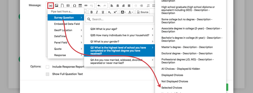 Piped Text menu open to select education