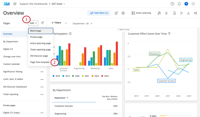 Bild des Menüs „Seite hinzufügen“ in einem CX-Dashboard