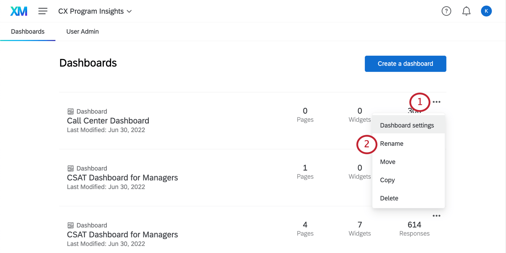 Dropdown-Menü rechts neben Dashboard