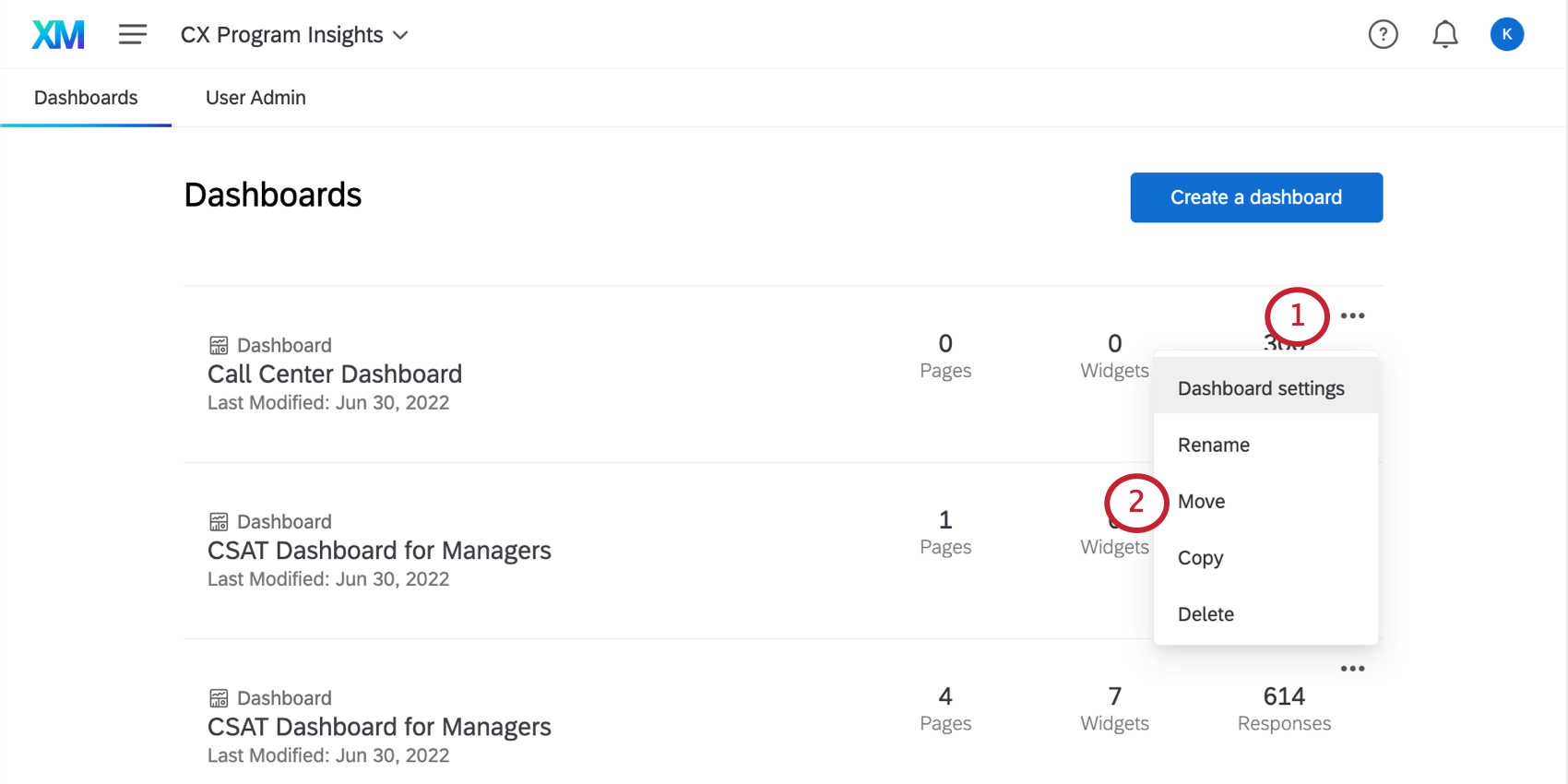 Menu dei progetti del dashboard aperti quando si sposta il dashboard