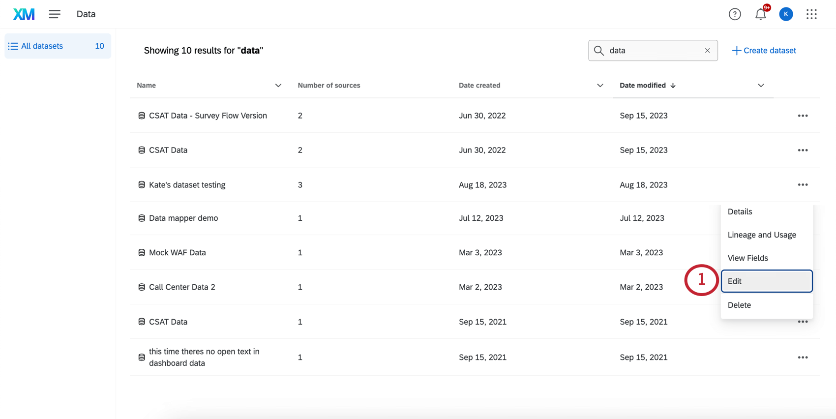 edit button appears in dropdown next to data models in the data page