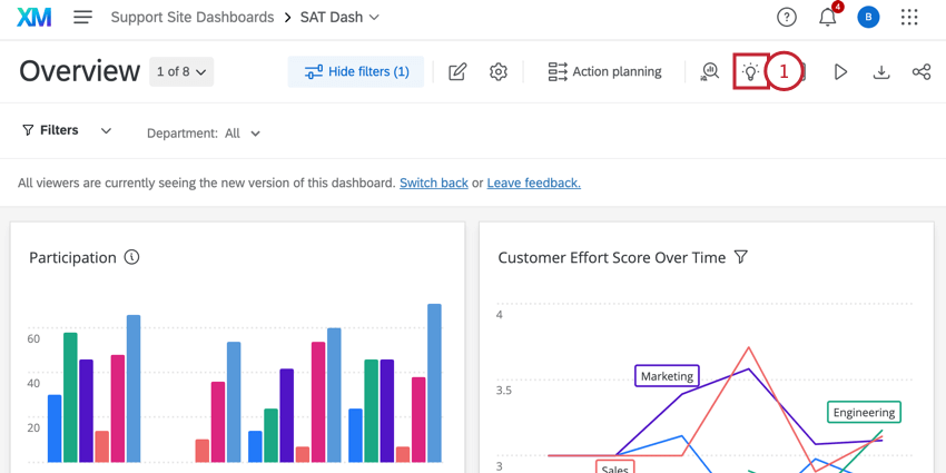 facendo clic sullicona Insights nella parte superiore di un dashboard cx
