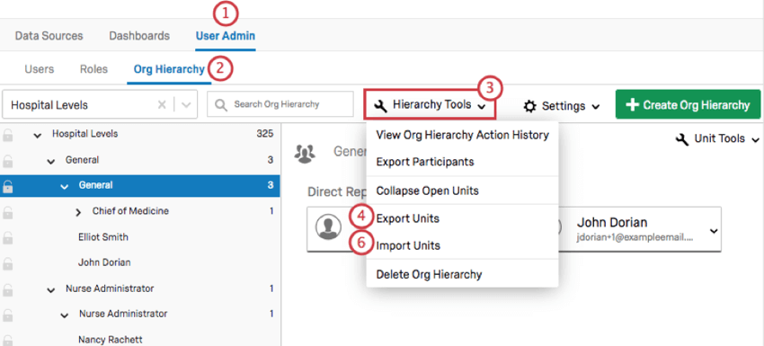 Showing the steps from the tabs along the top that you click, to the tools button around the center of the page, to the export and import options under that menu that appear 4th and 5th in the menu
