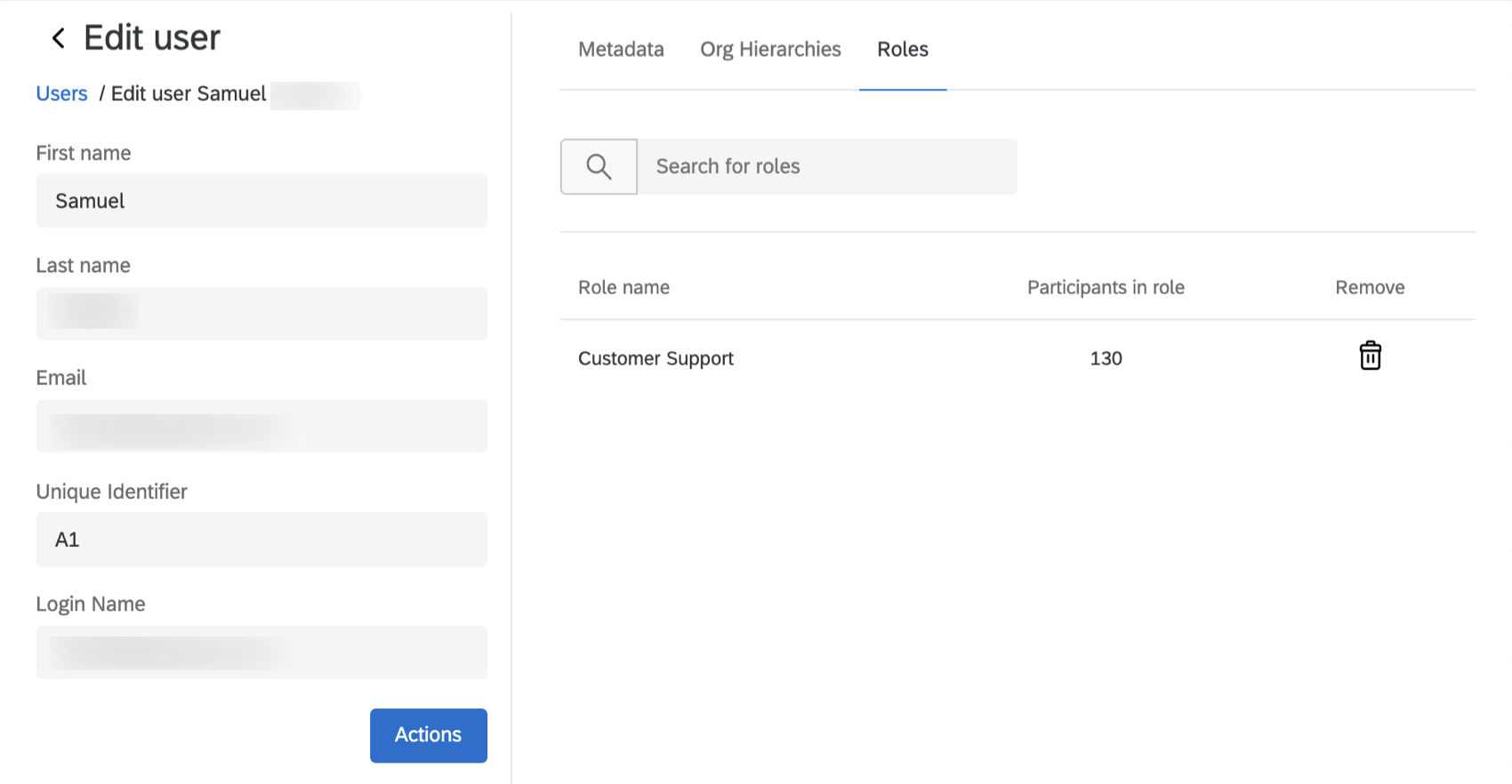 User info window with contact info, metadata, and on the right, roles