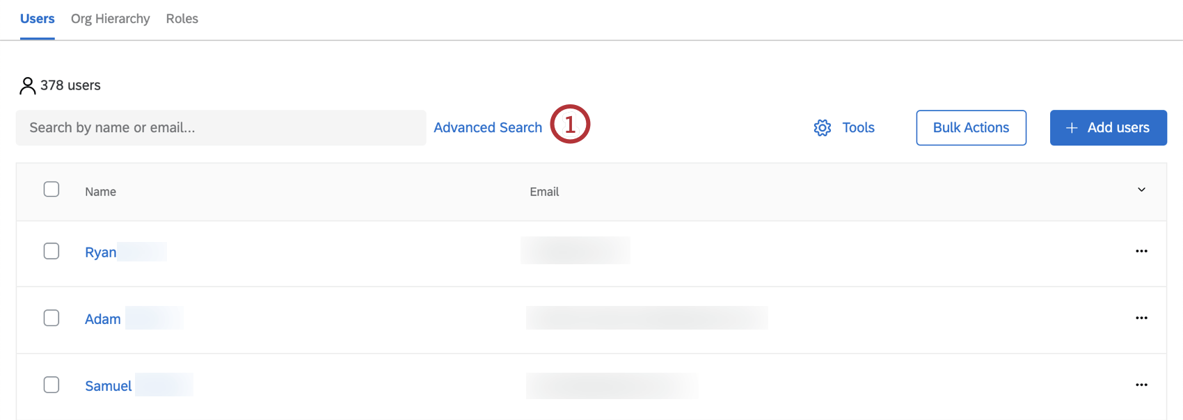 advanced search bar within the cx dashboards user admin