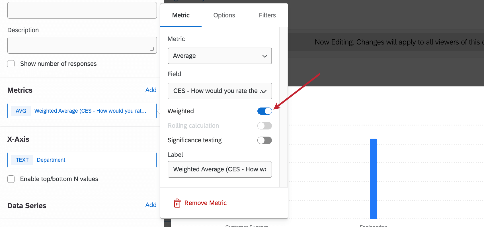 Opening a line widget to edit it, then making the metric weighted