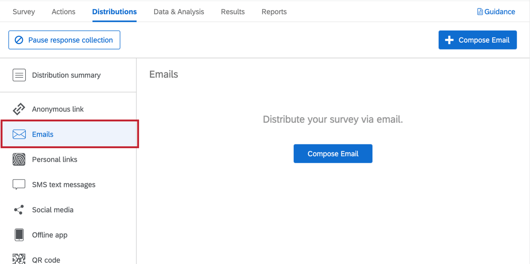 navigating to the emails section of the distributions tab