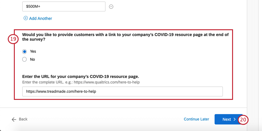 Multiple choice yes or no, then conditional text entry asking for email addresses that appears. Next button in blue, bottom-right