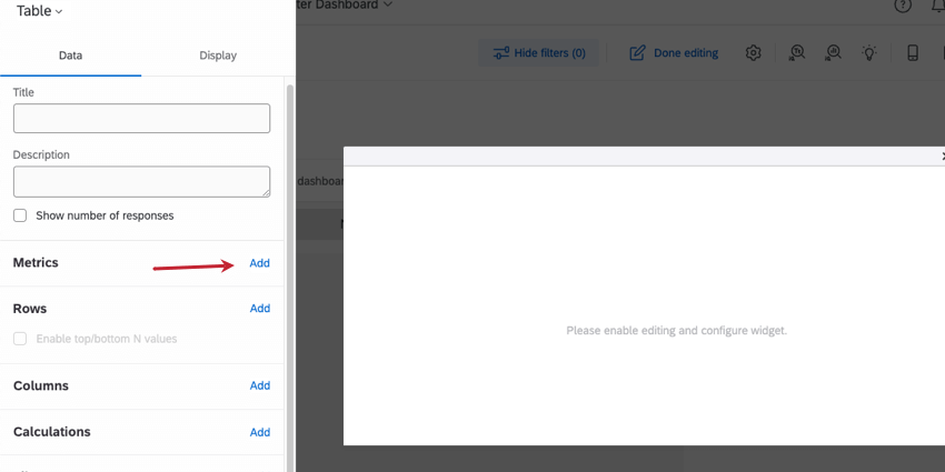 Clicking Add button in Metrics section of widget editing pane