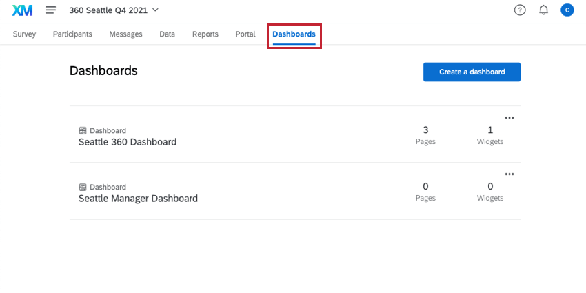 the dashboards tab in a 360 project