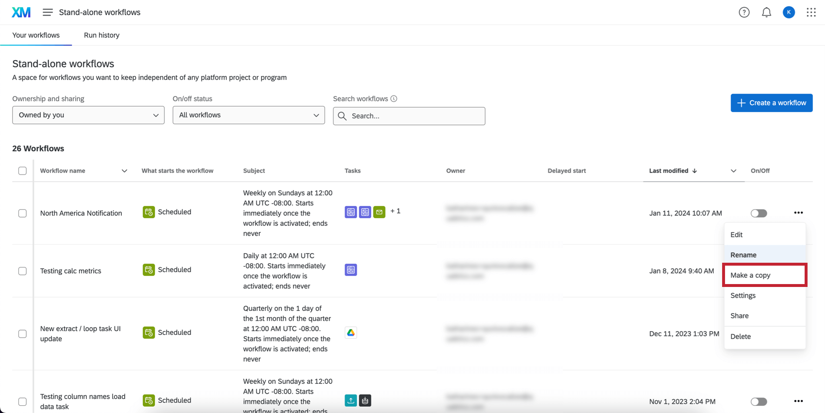 Le menu déroulant situé à côté dun flux de travail dans la liste principale des flux de travail autonomes comprend une option de copie