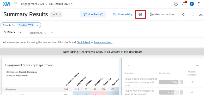 die Drucktaste für die Zahnradeinstellungen oben auf einem Dashboard