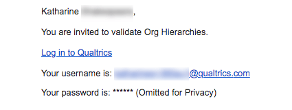 E-Mail-Einladung zur Validierung von Hierarchien. Links, E-Mail und Benutzername aufgelistet