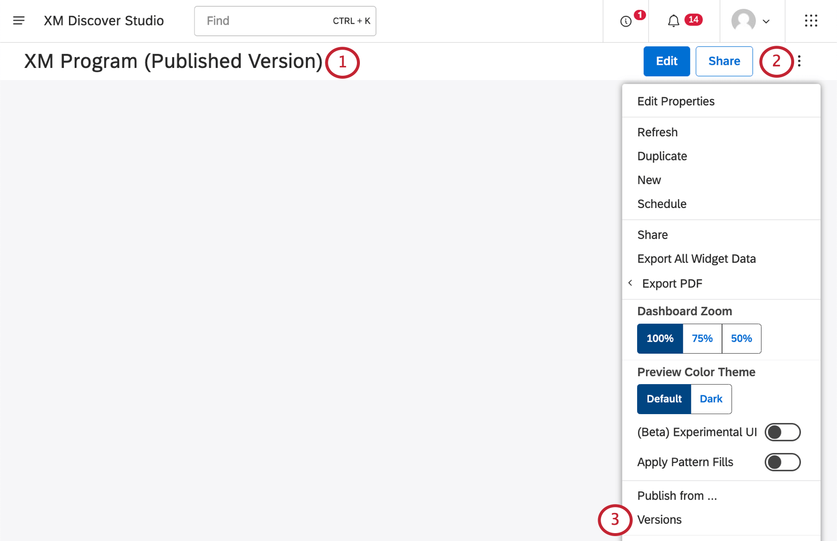 Inside a dashboard, opening 3 dots menu