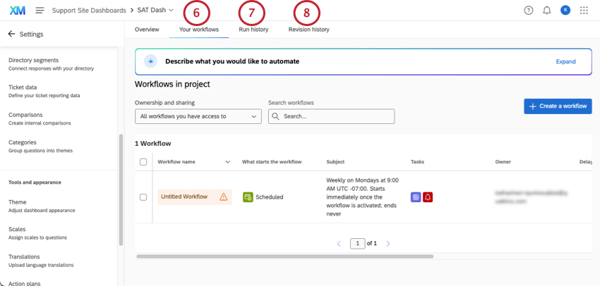 tabs along top of dashboard workflows page are highlighted: your workflows, run history, and revision history