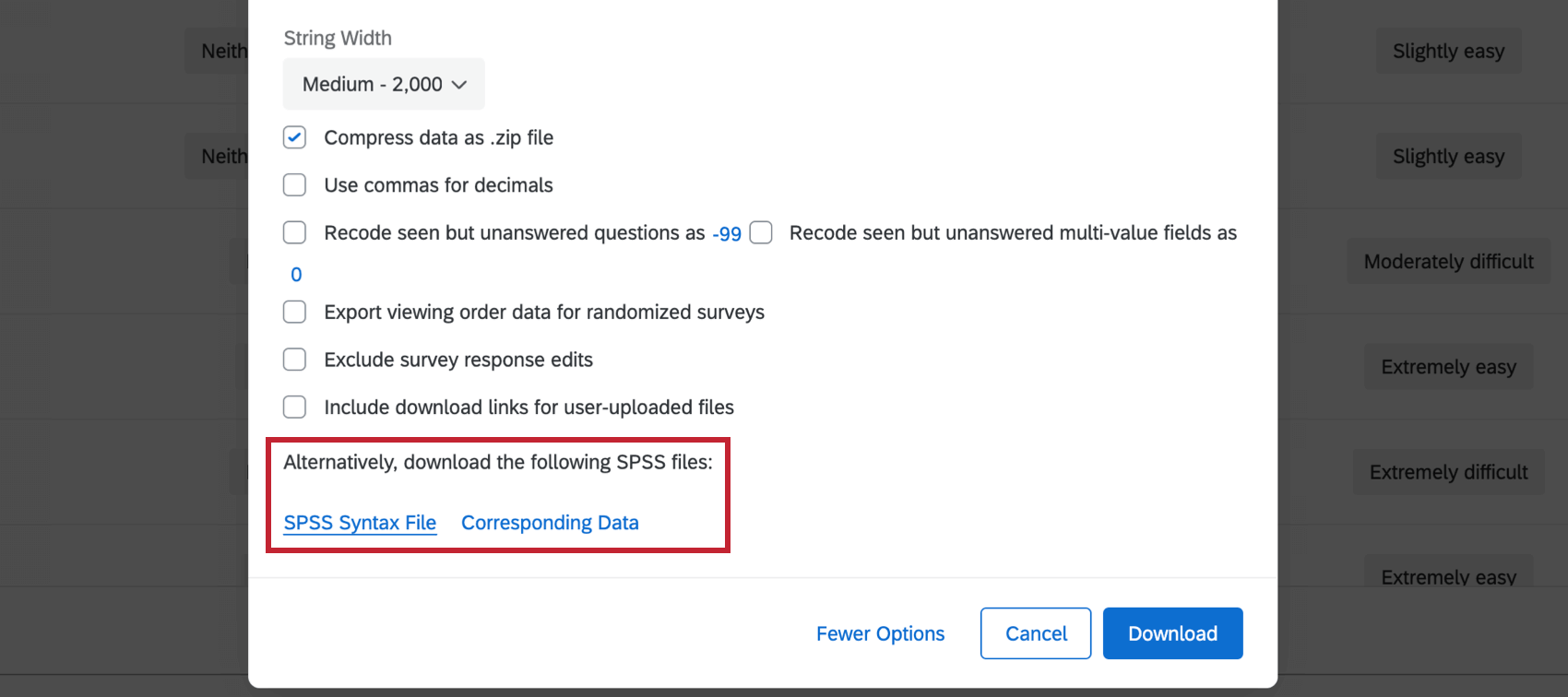 SPSSファイルで利用可能なその他のオプション