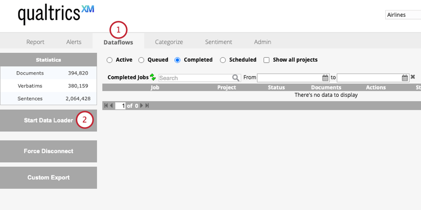 clicking Start Data Loader in the Dataflows tab