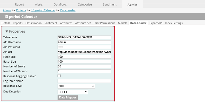 as configurações do carregador de dados