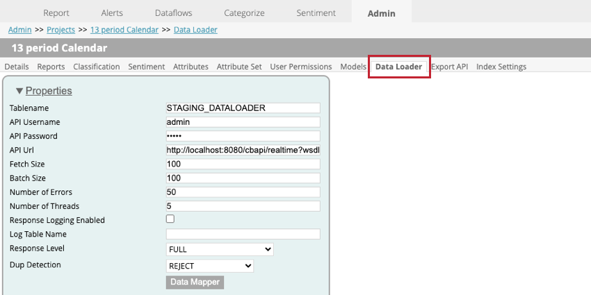 the data loader tab in designer