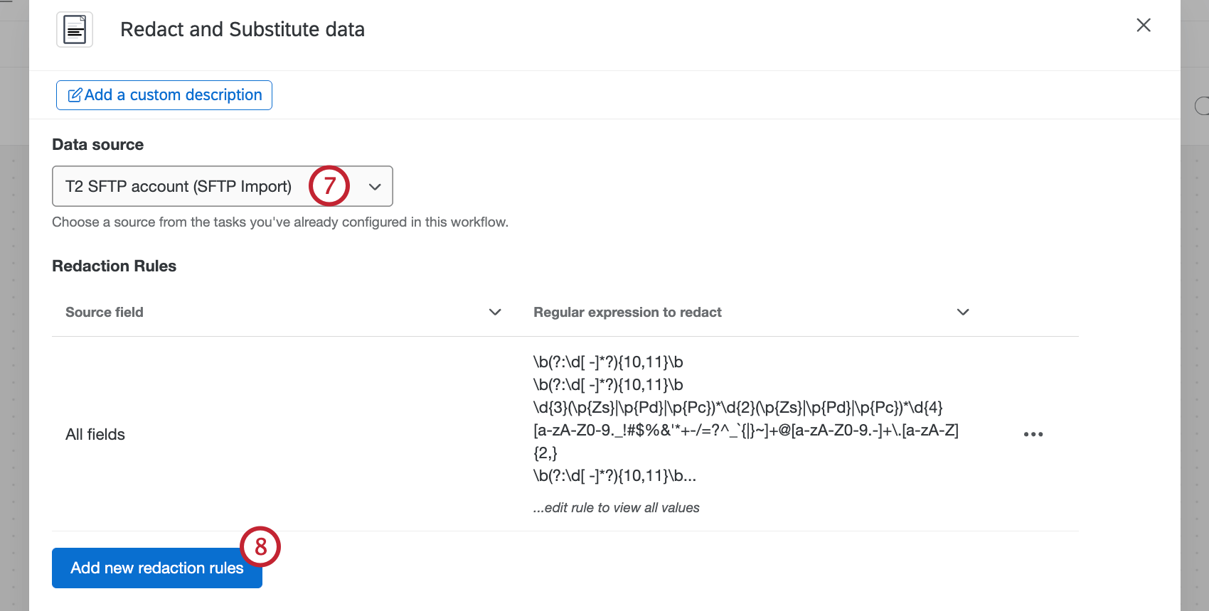 dropdown to select a data source and button to add a redaction rule