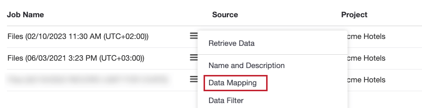 Para trabajos existentes: puede acceder a la configuración de mapeo de datos seleccionando la opción Mapeo de datos en el menú de acciones del trabajo.