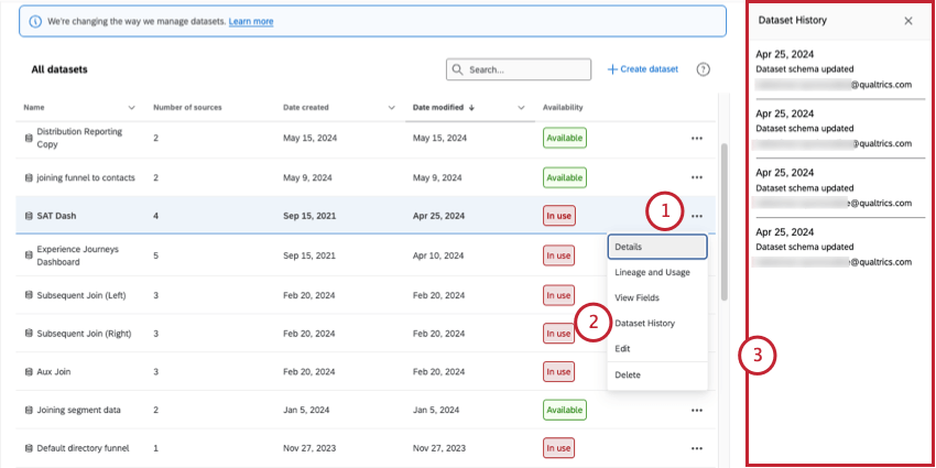 Dataset page, 3 dot menu is expanded, dataset history is selected, which expands a menu on the right side of the screen