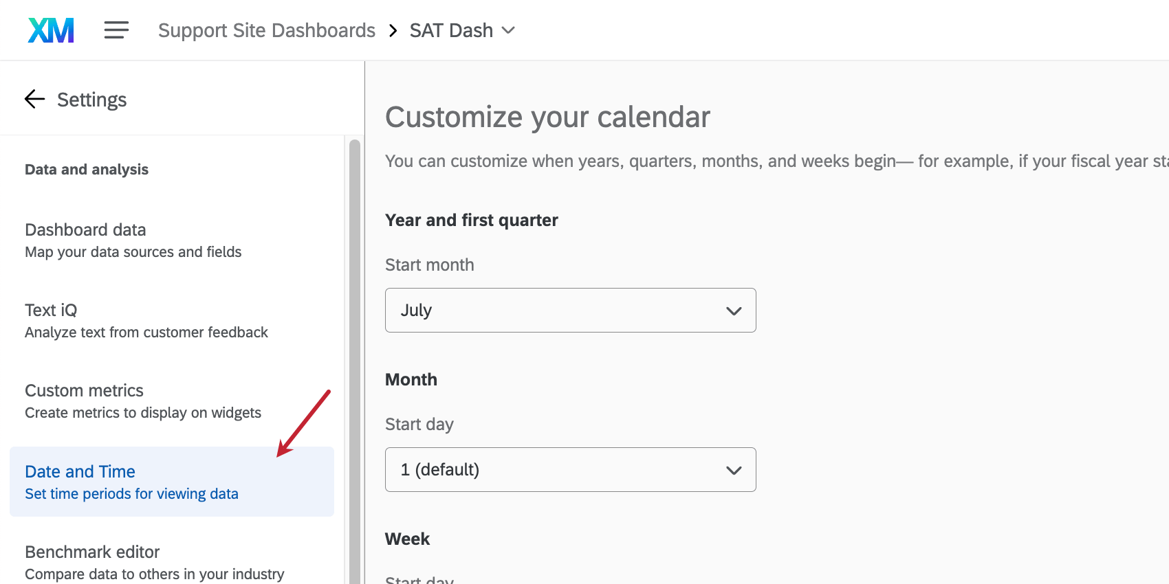 Inside dashboard settings, showing where date and time is in the lefthand menu